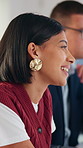 Attention, audience and smile of business woman in meeting at office for learning or upskill development. Crowd, listen and workshop with happy employee at work for coaching or feedback presentation