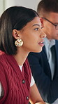Audience, business and listening with woman in meeting at office for learning or upskill development. Crowd, workshop and writing with employee in workplace for coaching or feedback presentation