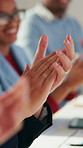 Celebrate, hands or business people with applause in meeting, investment growth or praise for success. Revenue goals, venture profit or team clap for achievement, happy or congratulations in office
