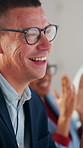 Applause, man or business people with laugh in meeting, investment growth or celebration for success. Revenue goals, venture profit or team clapping for achievement, happy or finance joke in office