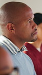 Attention, audience and thinking with business man in meeting for development or learning. Crowd, listening and workshop with employee in office for corporate conference, seminar or upskill training