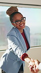 Meeting, handshake or woman with applause in creative agency, brand collaboration or partnership deal. Agreement, shake hands or people with clap for alliance opportunity, audience expansion or smile