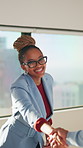 Face, handshake or woman with meeting in creative agency, brand collaboration or partnership deal. Portrait, shake hands or people with applause for alliance opportunity, audience expansion or smile