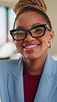 Glasses, happy and face of black woman in office with confidence for finance career with about us. Laugh, professional and portrait of African female financial manager with pride for job opportunity.