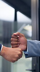 Fist bump, handshake and business people together for gesture, greeting or friends in office. Corporate, deal and congratulations for achievement, win or success with partner for collaboration
