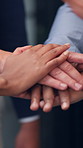 Business, people and team with handstack in office for good news, real estate success or celebration. Staff, huddle and company achievement for property deal, realtor motivation and auction milestone