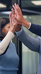 Business, people and meeting with high five in office for good news, real estate success and celebration. Huddle, excited and team applause for property deal, realtor motivation and auction milestone