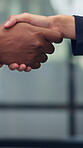 Business, people and handshake in corporate office for gesture, greeting or trust. Promotion, deal and congratulations for achievement, space or success with partner or merge for collaboration