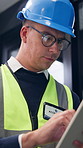 Tablet, man and contractor on site for inspection, research or planning building maintenance. Digital technology, checklist and male civil engineer with online report for construction repairs.