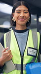 Face, woman and architect in office with tablet, building project and safety helmet for protection. Happy, female person and designer in workplace with PPE, digital tech or pride for architecture job