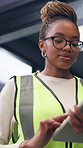 Thinking, black woman and contractor on site with tablet for inspection, research or maintenance plan. Digital technology, ideas and female civil engineer with online report for construction repairs.