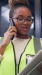 Architect, woman and tablet in office with phone call, research and discussion for building project. Black person, talk and contact in workplace with tech, design idea and planning for architecture.