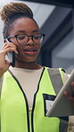 Logistics, phone call and tablet with black woman at work for distribution, service or shipping. App, communication and supply chain management with person checking online order for delivery job