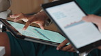 Hands, meeting and investor in meeting, tablet screen for revenue charts and investment deal. Financial advisor, stock market and people in office, tech and graphs for economy growth and profit stats