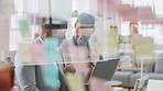 Laptop, talking or meeting with business people in workplace for research, trading report or internet. Investment review, collaboration or online with employees in office for feedback or conversation