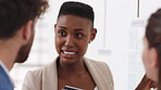 Woman, discussion and whiteboard with paperwork, presentation or plan for investment at finance firm. Business people, group and meeting with documents, strategy for project funding and conversation