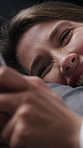 Relax, reading and woman with phone in home, scroll social media and funny blog post for happiness. Laughing, internet joke and female person with mobile for web chat, check message and watch video
