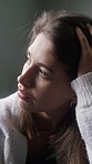 Anxiety, thinking and woman with depression on bed in apartment for fail, mistake or regret. Loss, reflection and stress with sad person in bedroom of home for emotional trauma, ptsd or worry