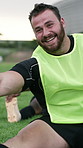 Team, stretching and men on grass, training and happy for competition, wellness and exercise routine. Outdoor, athlete and people with smile for workout, conversation and warm up for game on field