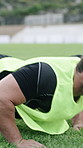 Stopwatch, push up and people on field for fitness, exercise and strength training for competition. Coach, men or drill timer outdoor for match preparation, body balance and workout for rugby contest