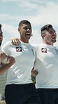 Celebration, fist pump and rugby success with people outdoor together for achievement or score. Champion, shouting and winner with excited players on field for competition, game or match victory