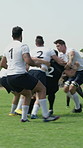 Sports, rugby and people on field with match, collision game or teamwork in weekend tournament. Fitness, tackle action or players with ball, impact challenge or intense performance in competition.