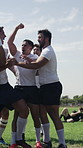 Sports, rugby or team on field with goal, collision game or celebration in weekend tournament. Fitness, collaboration or players with ball, tackle victory or performance success in competition.