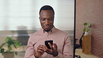 Creative, research and businessman with phone in office, smile or reading post with positive review. Digital marketing, brand strategist and person with mobile, scroll and happy with ad performance