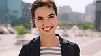 Face, earphones and woman with commute in city, streaming podcast and confidence for creative career. Portrait, laughing and happy copywriter with pride for brand development, tech and travel in town