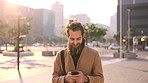 Commute, chat or businessman in city with phone, online communication or agenda update on email app. Happy, wind or employee with tech, schedule change or message notification in travel routine.