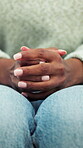 Hands, woman and stress in office for counseling, therapy and mental health support or care. Psychology, anxiety and consultation in healthcare for wellbeing with understanding, respect or empathy