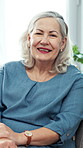 Wellness, happy and old woman in house with face, positive attitude or optimism on weekend break. Wellbeing, smile or elderly person in home with good mood, confidence and satisfaction in retirement.