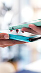 Shopping, hands or scan phone with pos machine for electronic transaction, tap payment or purchase. People, cashier or customer with easy checkout in store for mobile banking, retail discount or sale