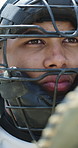 Baseball, helmet and catcher on field for practice, pitching and championship training. Workout, man and equipment with athlete closeup for competition, outdoor match and safety for tournament