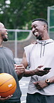 Phone, basketball and laugh with men on court for streaming, score tracking and social media. Sports league leaderboard, entertainment and game broadcast with people and mobile for athlete search