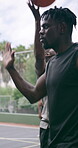 Winner, basketball and high five with men on court for fitness, competition match or score. Target, sports club and training with group of people outdoor for support, hobby and hoop practice together