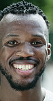 Fitness, face and black man with smile, outdoor for cardio exercise, wellness or practice. Athlete, happy person or confidence for workout progress, discipline or ready for morning health routine