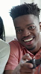 Couple, face and happy man with controller, gaming or bonding with partner on weekend in living room. Laughing, black person and playing video game with spouse, fun and digital competition in home