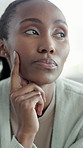 Thinking, stress and black woman in home, doubt and planning with anxiety, overwhelmed and worry. African person, apartment and nervous with ideas, confused and contemplation with memory and remember