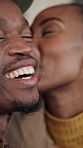 Cheek kiss, happy or couple with love, partner affection or bonding together in connection. Smile, laugh or black people with emotional security, romantic moment or commitment in healthy relationship