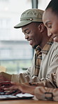 Couple, talk and remote work in cafe with laptop, online research and break for bonding together. Series, black people dating or relationship in coffee shop with computer, discussion or freelance job