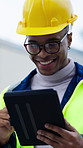 Tablet, engineer and black man in city for construction approval, inspection log and laugh. Tech, architect and funny person at site for project report, development update and maintenance evaluation