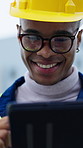 Tablet, architect or black man in city for construction, inspection log or laugh at meme. Tech, engineer or funny person at site to scroll project report, development update or maintenance evaluation