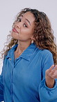Woman, face and gesture for choice in studio, shrug or confused with question on white background. Person, portrait and expression for decision, solution or problem solving with i dont know reaction