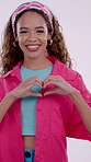 Face, sign and woman in studio with heart, support and appreciation with affection icon. Portrait, smile and female person with hand gesture, love symbol and gratitude for romance on white background