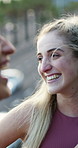Fitness, break and friends outdoor with laugh, funny conversation or friendly chat with training pause. Happy, bokeh or women in town with wind, joke reaction or partner humor in workout recovery.