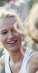 Fitness, break and friends outdoor with laugh, funny conversation or friendly chat with training pause. Happy, wind or women in city with cool down, joke reaction or partner humor in workout recovery
