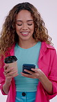 Woman, laugh and drinking coffee in studio with phone, funny social media post and watch comedy video. Happy, person and beverage with tech for internet humor, online meme or joke on white background