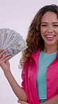 Reward, face or woman in studio with money, lottery payout or giveaway offer in jackpot contest. Happy, portrait or person with cash fan, competition prize or promo campaign on white background.