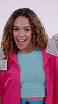 Fan, face and woman with money, reward payout and giveaway offer in jackpot competition. Happy, portrait or female person with cash notes, contest prize or promotion campaign on studio background.